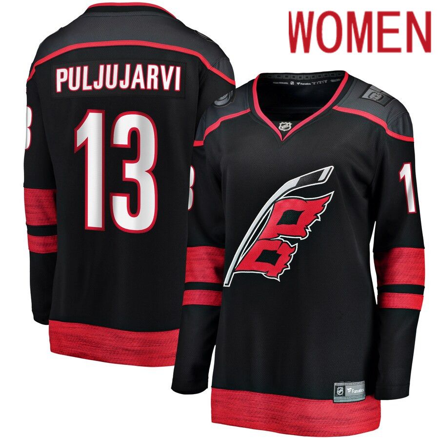 Women Carolina Hurricanes 13 Jesse Puljujarvi Fanatics Branded Black Home Breakaway NHL Jersey